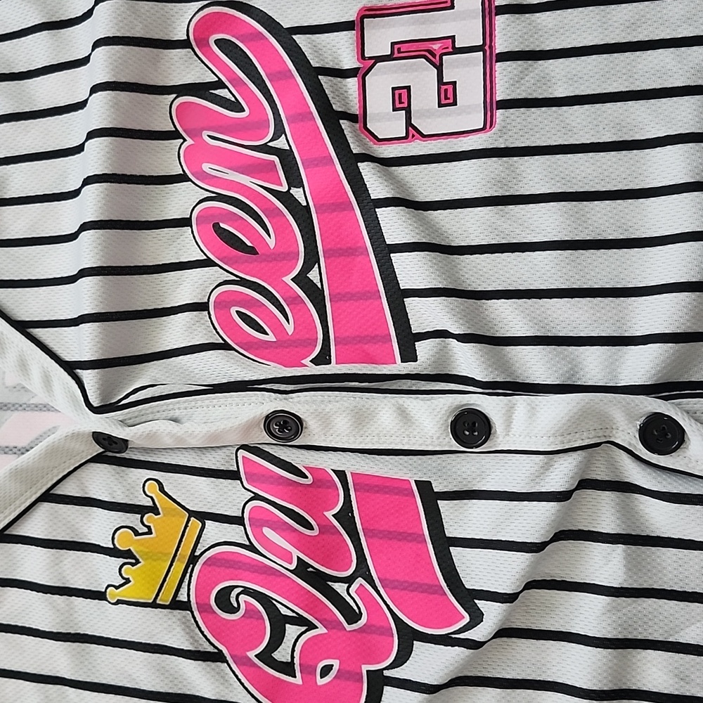 F of NY Queen Graphic Striped Baseball Styled Button Up Shirt- Pink & Black; 2X - Picture 2 of 12